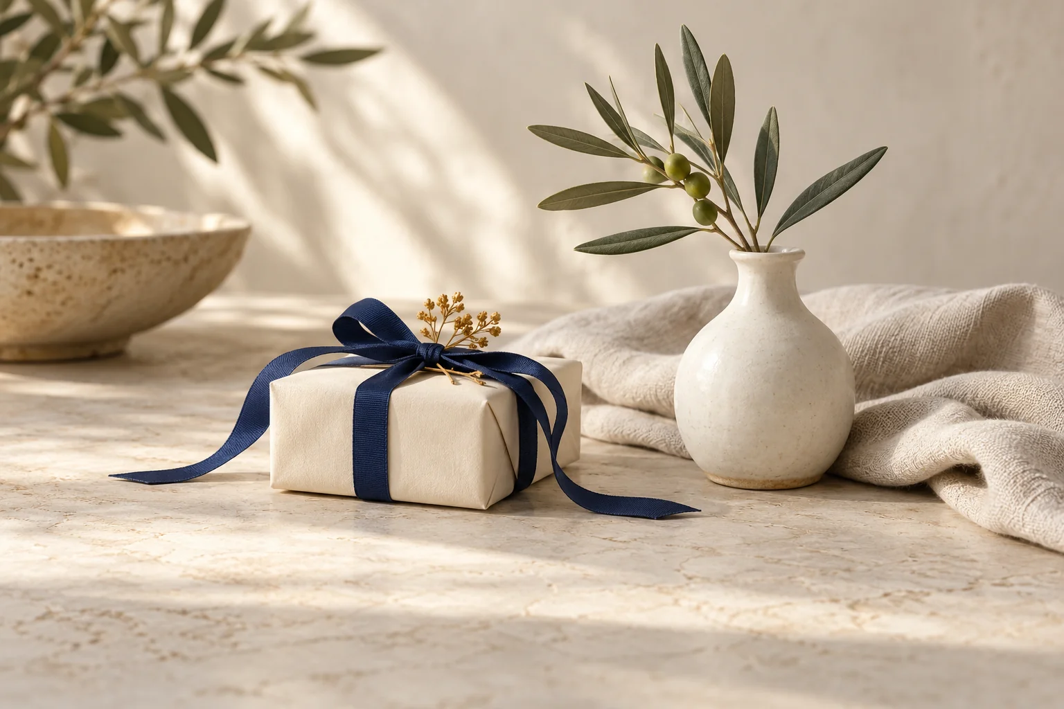 Dekorative Geschenkverpackung mit blauer Schleife, Vase und Leinen – KI-Stimmungsbild