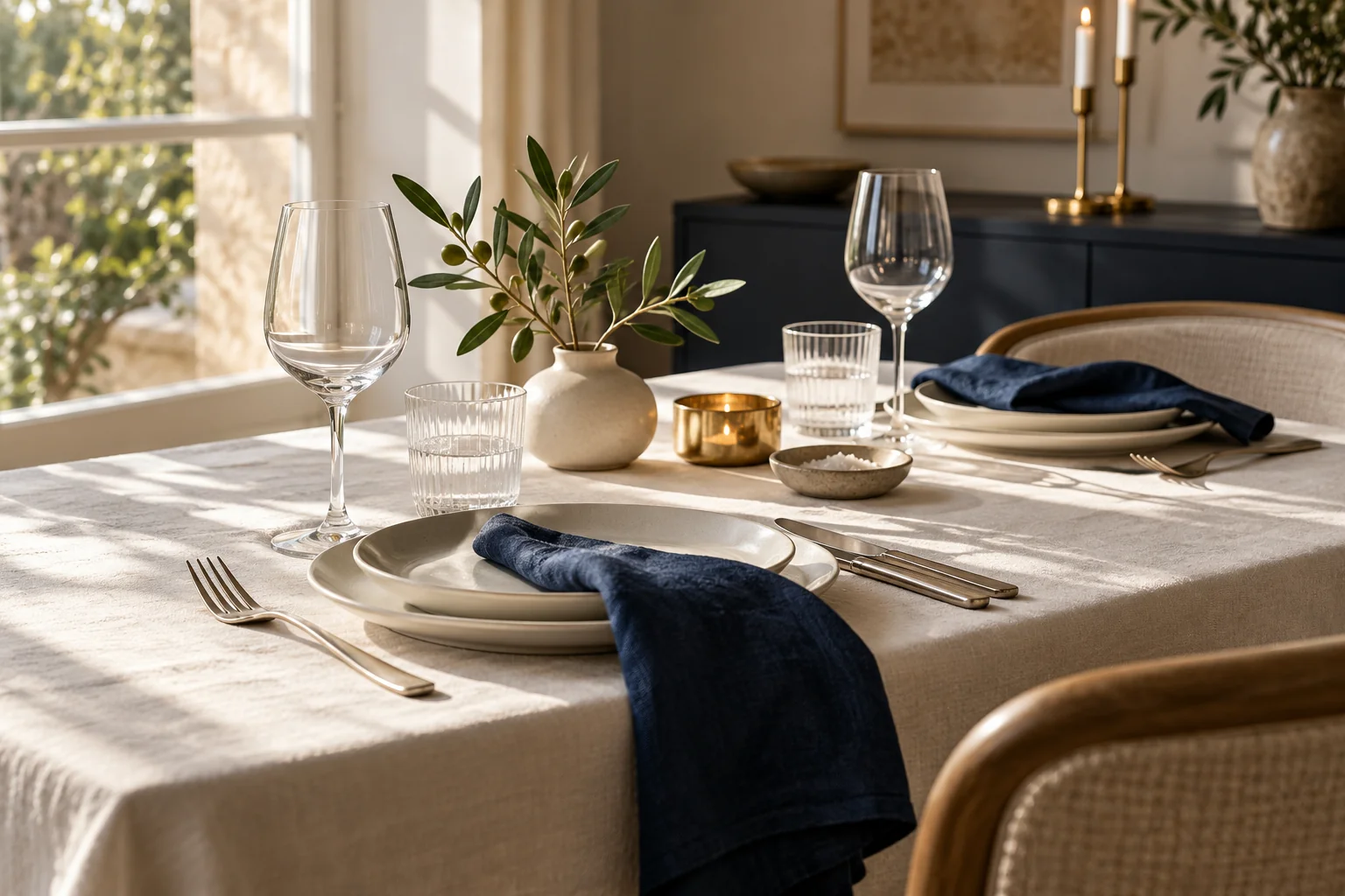 Gedeckter Tisch mit cremefarbenem Geschirr und blauen Servietten – KI-Stimmungsbild